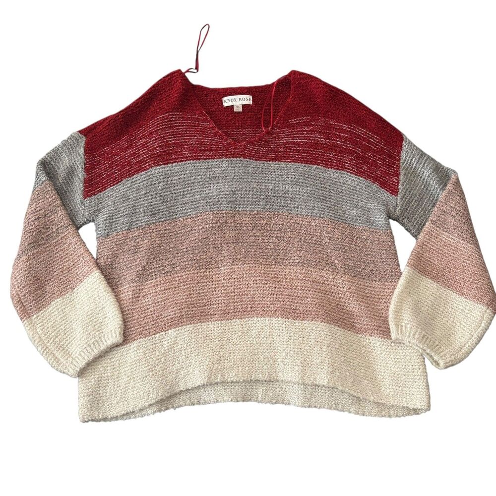 Knox Rose Sweater Womens XL Striped Pullover Knit Soft Cozy V Neck Casual Boho